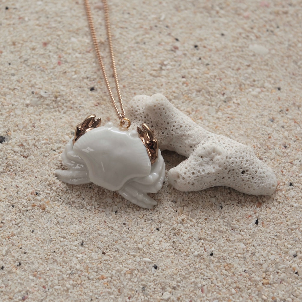 White Crab with Gold Claws Necklace