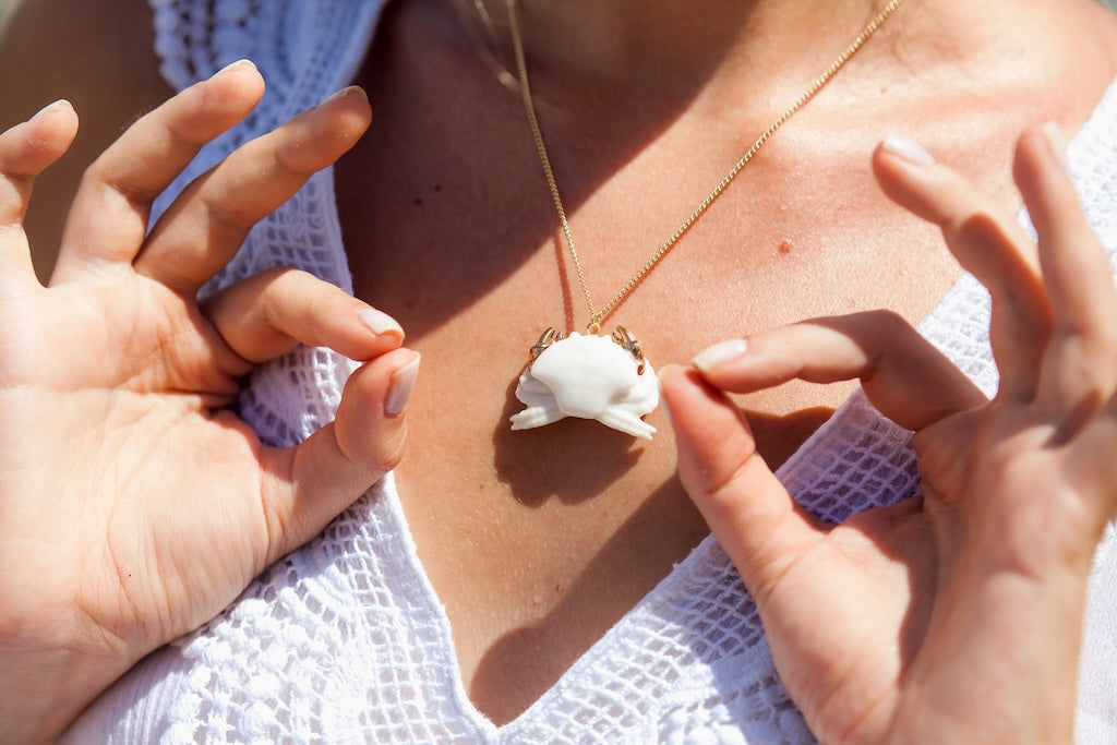 White Crab with Gold Claws Necklace