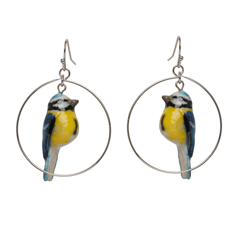 Boucles d'Oreilles Rondes Petite Mésange Bleue