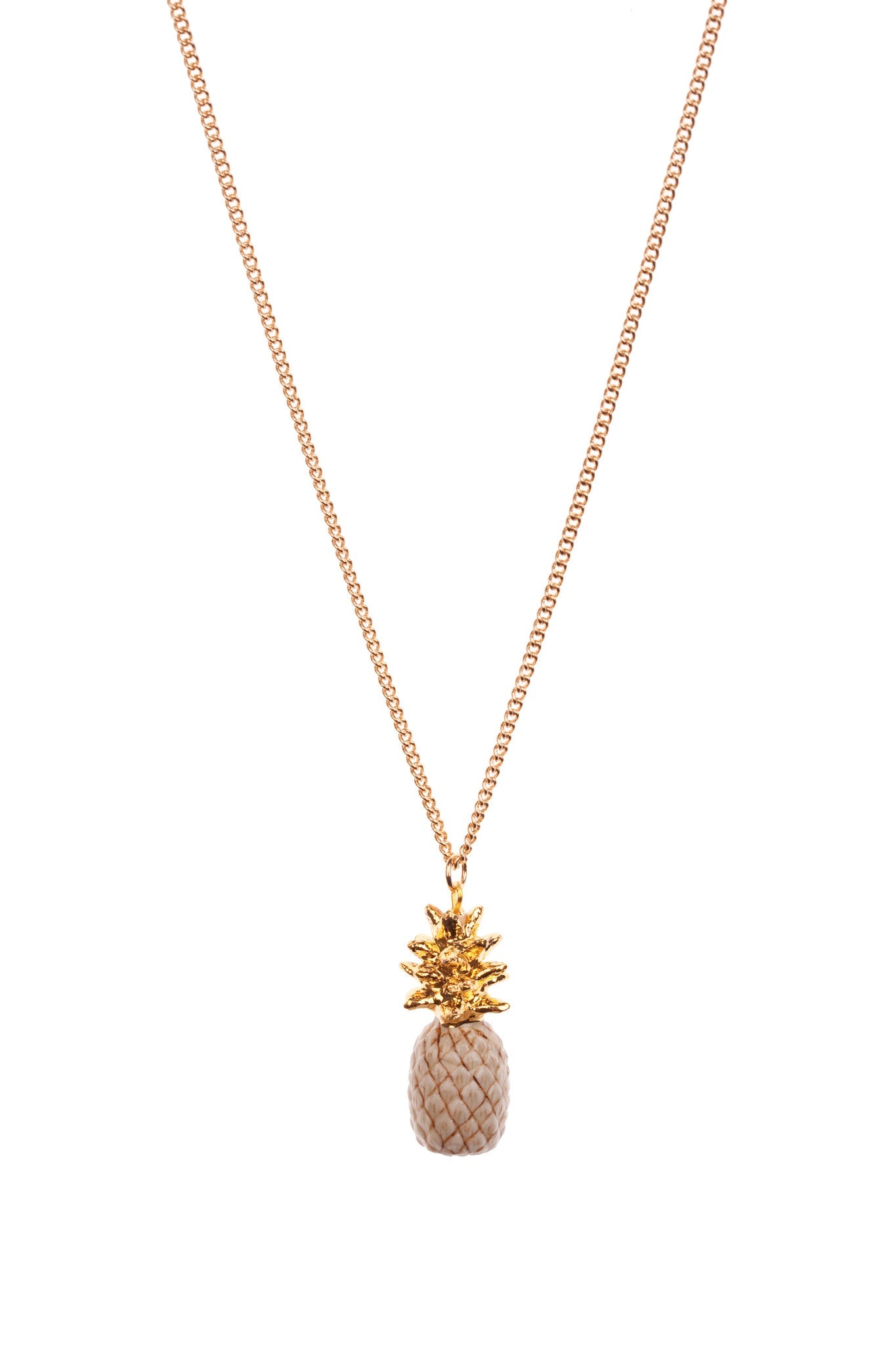 Small Beige Pineapple Necklace with Gold Leaves