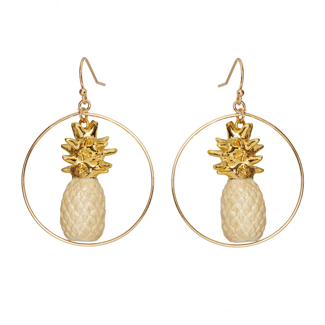 Boucles d'oreilles pendantes rondes ananas beiges et dorées