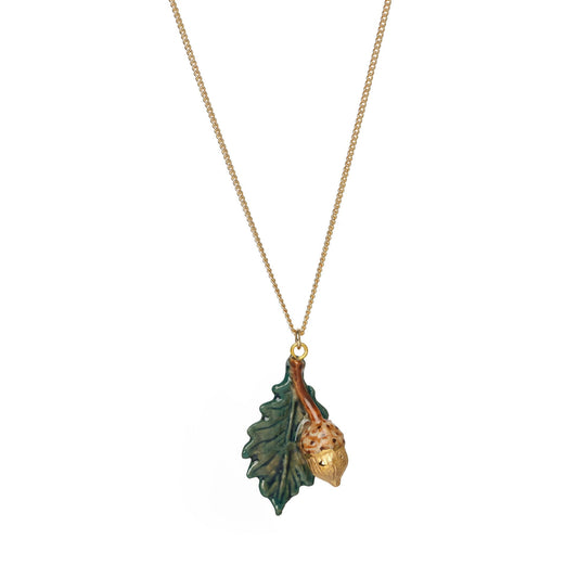 Golden Acorn and Leaf Necklace