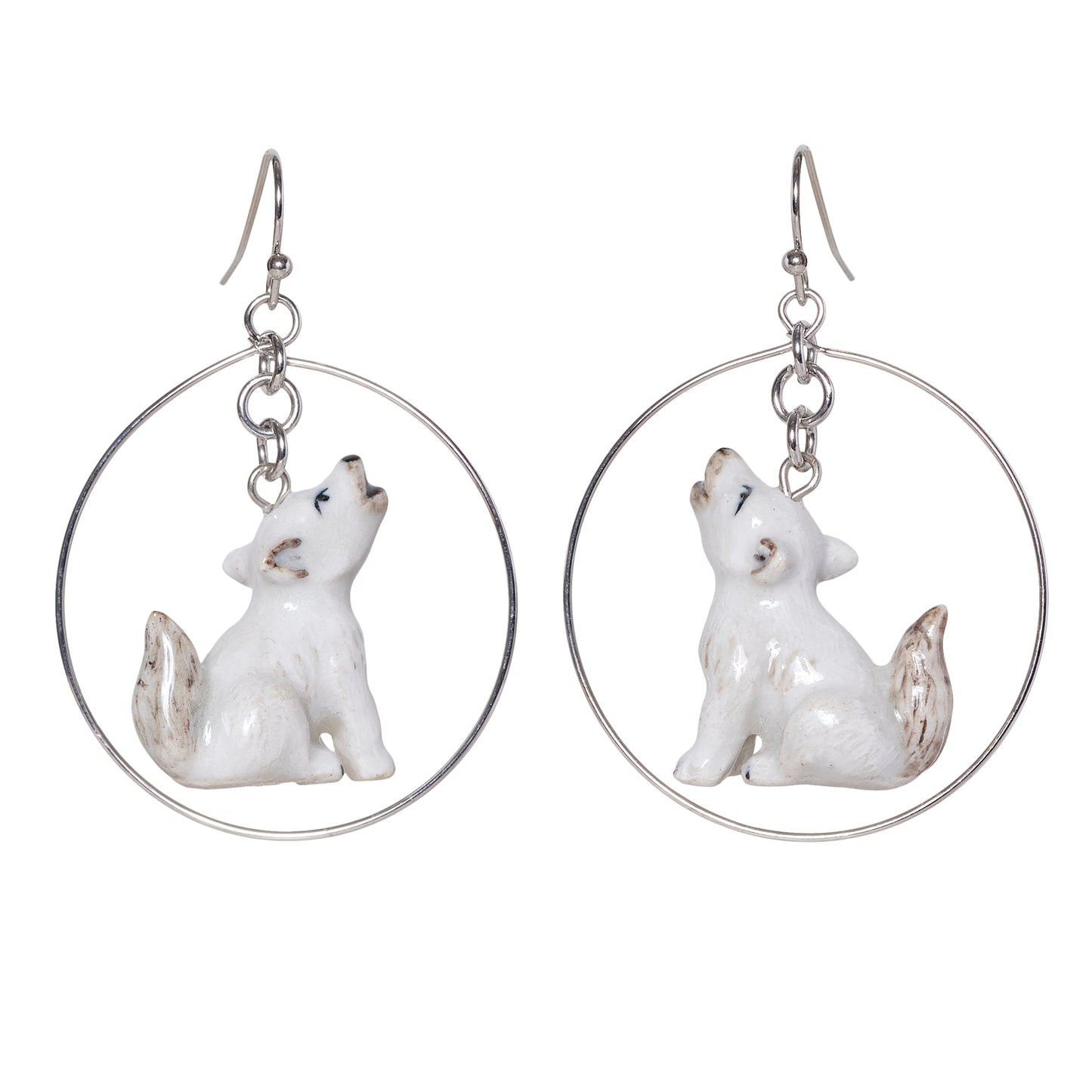 Howling Snow Wolf Cub Round Drop Earrings