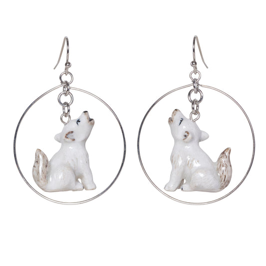 Howling Snow Wolf Cub Round Drop Earrings