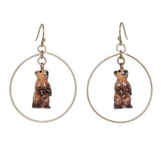 Standing Brown Bear Hoop Drop Earrings