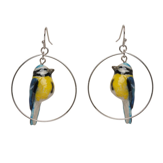 Boucles d'Oreilles Rondes Petite Mésange Bleue
