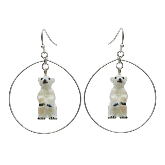 Standing Polar Bear Round Drop Earrings