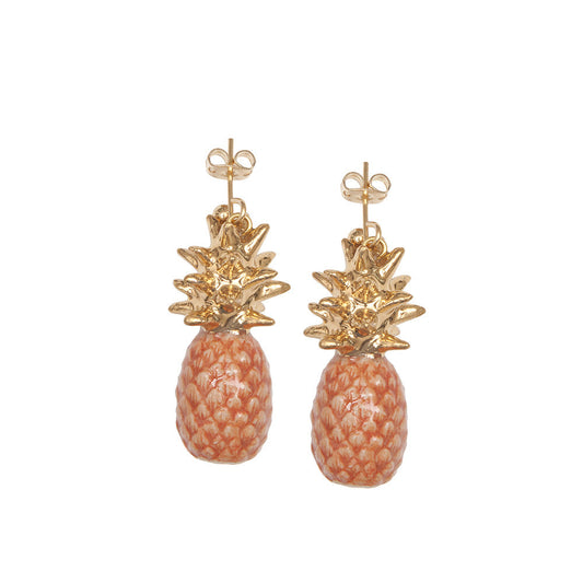 Peach Pineapple Earrings With Gold Leaves