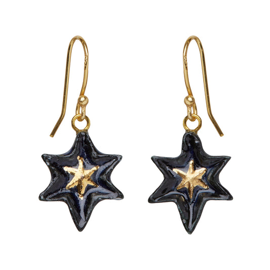 Boucles d'oreilles étoile bleue et dorée dans crochet étoile